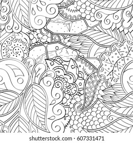 Tracery seamless calming pattern. Mehndi design. Ethnic monochrome binary doodle texture. Curved doodling black and white background. Vector.