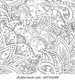 Tracery seamless calming pattern. Mehndi design. Ethnic monochrome binary doodle texture. Curved doodling black and white background. Vector.