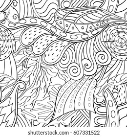 Tracery seamless calming pattern. Mehndi design. Ethnic monochrome binary doodle texture. Curved doodling black and white background. Vector.