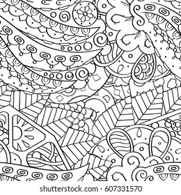 Tracery seamless calming pattern. Mehndi design. Ethnic monochrome binary doodle texture. Curved doodling black and white background. Vector.
