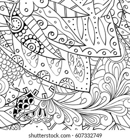 Tracery seamless calming pattern. Mehndi design. Ethnic monochrome binary doodle texture. Curved doodling black and white background. Vector.