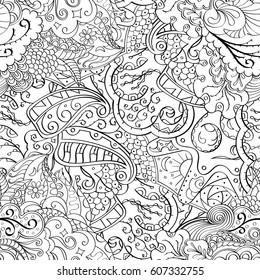 Tracery seamless calming pattern. Mehndi design. Ethnic monochrome binary doodle texture. Curved doodling black and white background. Vector.
