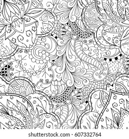 Tracery seamless calming pattern. Mehndi design. Ethnic monochrome binary doodle texture. Curved doodling black and white background. Vector.