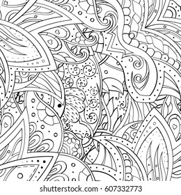 Tracery seamless calming pattern. Mehndi design. Ethnic monochrome binary doodle texture. Curved doodling black and white background. Vector.