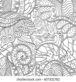 Tracery seamless calming pattern. Mehndi design. Ethnic monochrome binary doodle texture. Curved doodling black and white background. Vector.