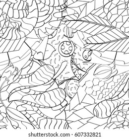 Tracery seamless calming pattern. Mehndi design. Ethnic monochrome binary doodle texture. Curved doodling black and white background. Vector.