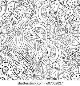 Tracery seamless calming pattern. Mehndi design. Ethnic monochrome binary doodle texture. Curved doodling black and white background. Vector.