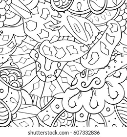 Tracery seamless calming pattern. Mehndi design. Ethnic monochrome binary doodle texture. Curved doodling black and white background. Vector.