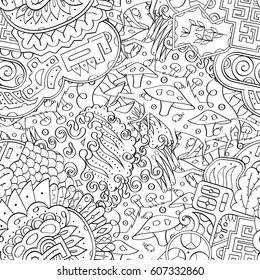 Tracery seamless calming pattern. Mehndi design. Ethnic monochrome binary doodle texture. Curved doodling black and white background. Vector.