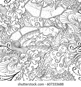 Tracery seamless calming pattern. Mehndi design. Ethnic monochrome binary doodle texture. Curved doodling black and white background. Vector.