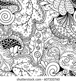 Tracery seamless calming pattern. Mehndi design. Ethnic monochrome binary doodle texture. Curved doodling black and white background. Vector.