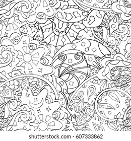 Tracery seamless calming pattern. Mehndi design. Ethnic monochrome binary doodle texture. Curved doodling black and white background. Vector.