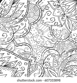 Tracery seamless calming pattern. Mehndi design. Ethnic monochrome binary doodle texture. Curved doodling black and white background. Vector.