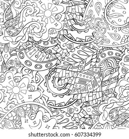 Tracery seamless calming pattern. Mehndi design. Ethnic monochrome binary doodle texture. Curved doodling black and white background. Vector.