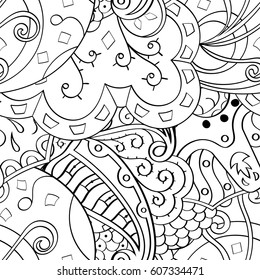 Tracery seamless calming pattern. Mehndi design. Ethnic monochrome binary doodle texture. Curved doodling black and white background. Vector.