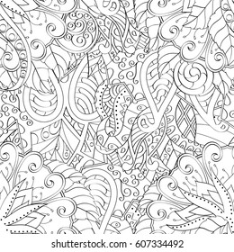 Tracery seamless calming pattern. Mehndi design. Ethnic monochrome binary doodle texture. Curved doodling black and white background. Vector.