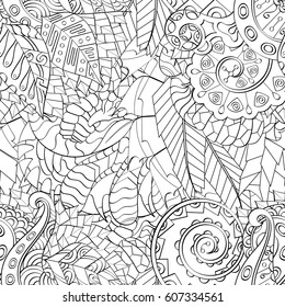 Tracery seamless calming pattern. Mehndi design. Ethnic monochrome binary doodle texture. Curved doodling black and white background. Vector.
