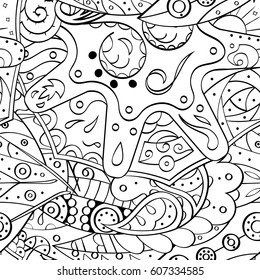 Tracery seamless calming pattern. Mehndi design. Ethnic monochrome binary doodle texture. Curved doodling black and white background. Vector.