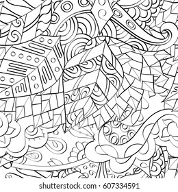 Tracery seamless calming pattern. Mehndi design. Ethnic monochrome binary doodle texture. Curved doodling black and white background. Vector.