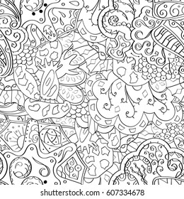 Tracery seamless calming pattern. Mehndi design. Ethnic monochrome binary doodle texture. Curved doodling black and white background. Vector.