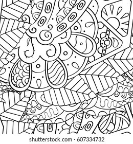 Tracery seamless calming pattern. Mehndi design. Ethnic monochrome binary doodle texture. Curved doodling black and white background. Vector.