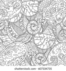 Tracery seamless calming pattern. Mehndi design. Ethnic monochrome binary doodle texture. Curved doodling black and white background. Vector.