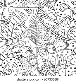Tracery seamless calming pattern. Mehndi design. Ethnic monochrome binary doodle texture. Curved doodling black and white background. Vector.