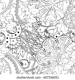 Tracery seamless calming pattern. Mehndi design. Ethnic monochrome binary doodle texture. Curved doodling black and white background. Vector.