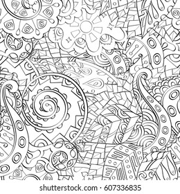 Tracery seamless calming pattern. Mehndi design. Ethnic monochrome binary doodle texture. Curved doodling black and white background. Vector.