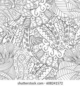 Tracery seamless calming pattern. Mehndi design. Ethnic monochrome binary doodle texture. Curved doodling black and white background. Vector.
