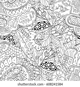 Tracery seamless calming pattern. Mehndi design. Ethnic monochrome binary doodle texture. Curved doodling black and white background. Vector.