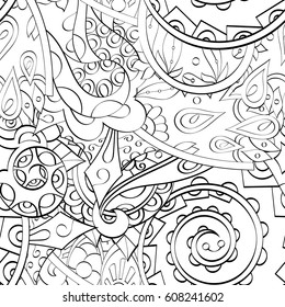 Tracery seamless calming pattern. Mehndi design. Ethnic monochrome binary doodle texture. Curved doodling black and white background. Vector.