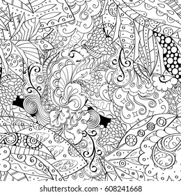 Tracery seamless calming pattern. Mehndi design. Ethnic monochrome binary doodle texture. Curved doodling black and white background. Vector.