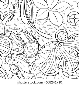 Tracery seamless calming pattern. Mehndi design. Ethnic monochrome binary doodle texture. Curved doodling black and white background. Vector.