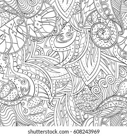 Tracery seamless calming pattern. Mehndi design. Ethnic monochrome binary doodle texture. Curved doodling black and white background. Vector.