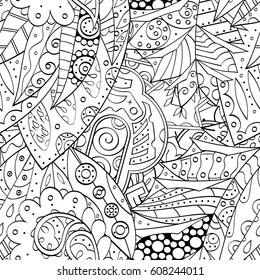 Tracery seamless calming pattern. Mehndi design. Ethnic monochrome binary doodle texture. Curved doodling black and white background. Vector.