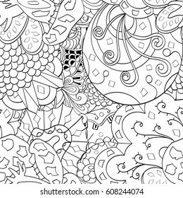 Tracery seamless calming pattern. Mehndi design. Ethnic monochrome binary doodle texture. Curved doodling black and white background. Vector.