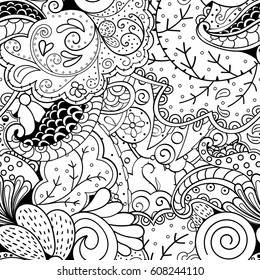 Tracery seamless calming pattern. Mehndi design. Ethnic monochrome binary doodle texture. Curved doodling black and white background. Vector.
