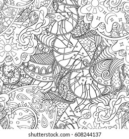 Tracery seamless calming pattern. Mehndi design. Ethnic monochrome binary doodle texture. Curved doodling black and white background. Vector.