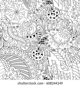 Tracery seamless calming pattern. Mehndi design. Ethnic monochrome binary doodle texture. Curved doodling black and white background. Vector.