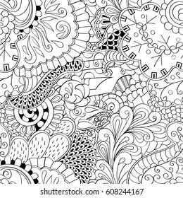 Tracery seamless calming pattern. Mehndi design. Ethnic monochrome binary doodle texture. Curved doodling black and white background. Vector.
