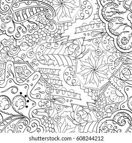 Tracery seamless calming pattern. Mehndi design. Ethnic monochrome binary doodle texture. Curved doodling black and white background. Vector.