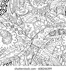 Tracery seamless calming pattern. Mehndi design. Ethnic monochrome binary doodle texture. Curved doodling black and white background. Vector.