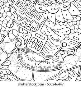 Tracery seamless calming pattern. Mehndi design. Ethnic monochrome binary doodle texture. Curved doodling black and white background. Vector.