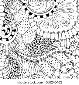 Tracery seamless calming pattern. Mehndi design. Ethnic monochrome binary doodle texture. Curved doodling black and white background. Vector.