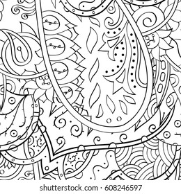 Tracery seamless calming pattern. Mehndi design. Ethnic monochrome binary doodle texture. Curved doodling black and white background. Vector.