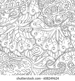Tracery seamless calming pattern. Mehndi design. Ethnic monochrome binary doodle texture. Curved doodling black and white background. Vector.