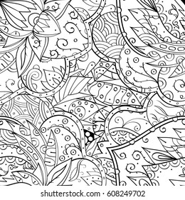 Tracery seamless calming pattern. Mehndi design. Ethnic monochrome binary doodle texture. Curved doodling black and white background. Vector.