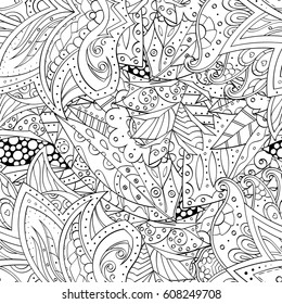 Tracery seamless calming pattern. Mehndi design. Ethnic monochrome binary doodle texture. Curved doodling black and white background. Vector.