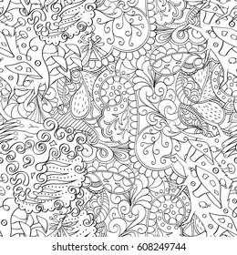 Tracery seamless calming pattern. Mehndi design. Ethnic monochrome binary doodle texture. Curved doodling black and white background. Vector.